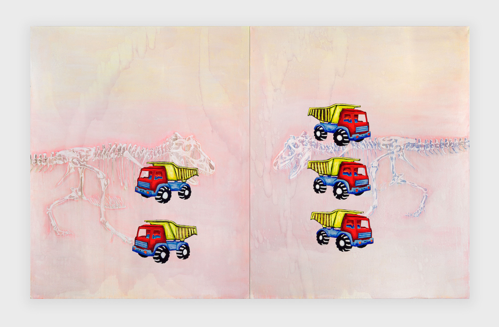 <i>Aber kaputt ist alles nicht</i>, 2024. Ballpen, rabbitskinglue, pigments, shellac and oil on canvas diptych 98 3/8 x 157 1/2 in (250 x 400 cm)